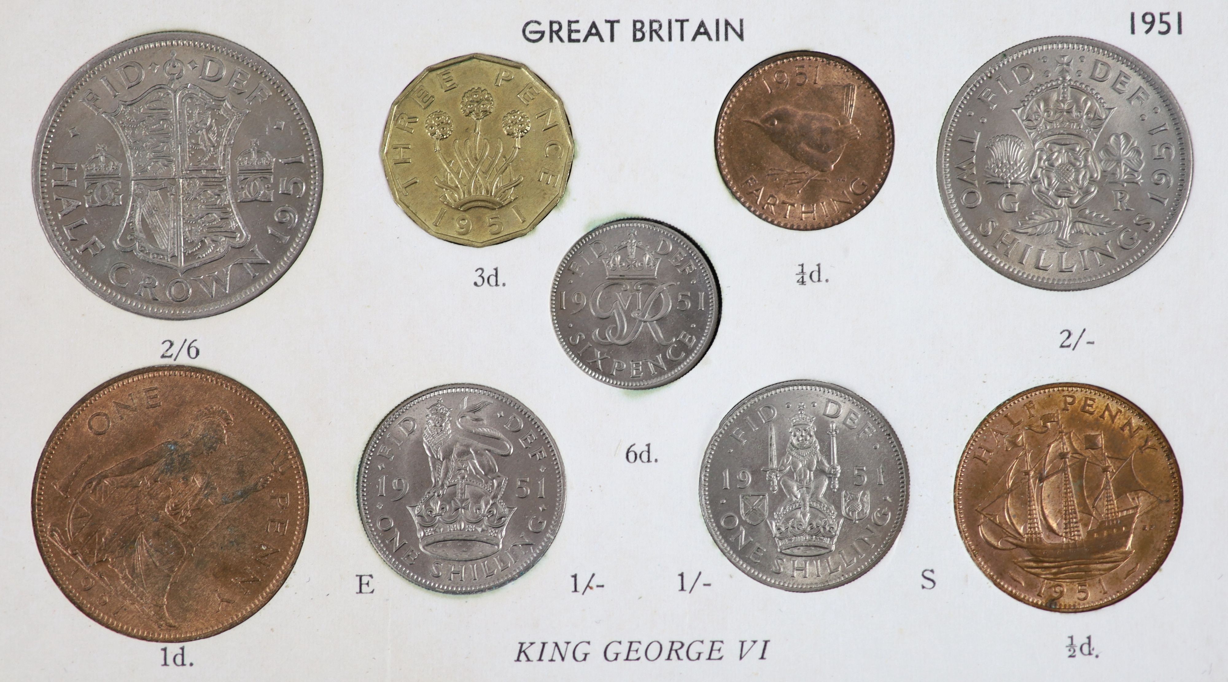 George VI specimen coin sets for 1950 and 1951, second issue, including 1950 threepence, aUNC, 1951 threepence and penny, both EF